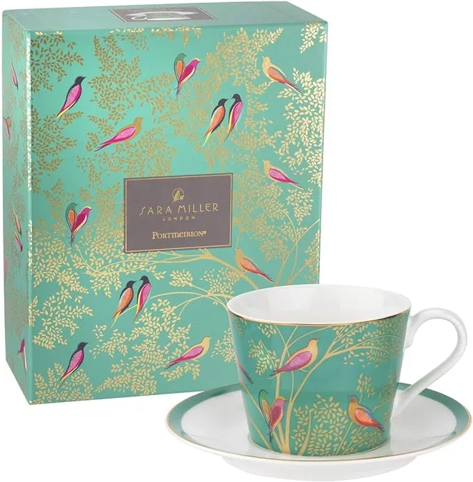 Tea Lover's Gift Guide: Turqouise tea cup with colourful birds on it 